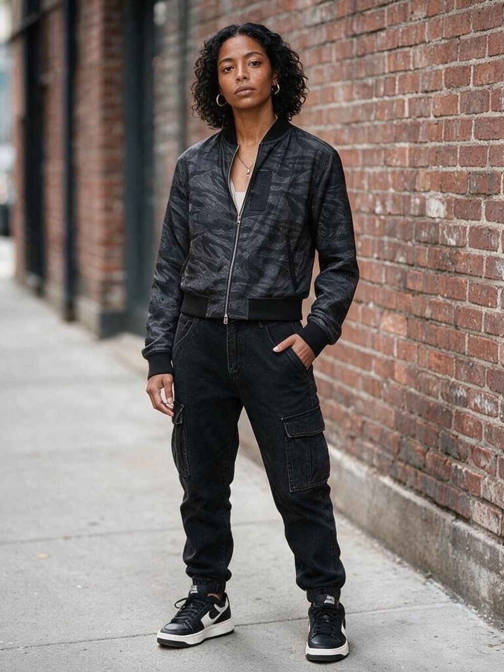 AllSaints Black Tierra Camo Pattern Logo Bomber Track Jacket